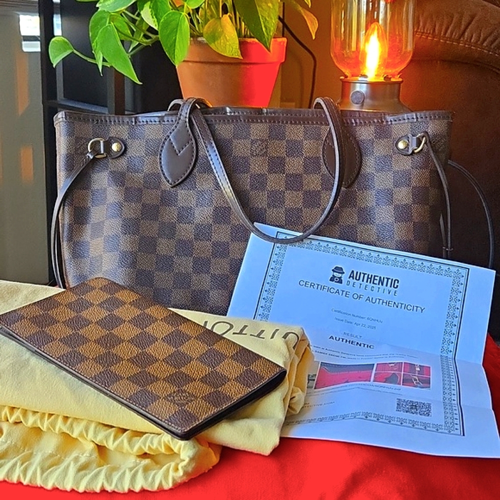 CLEAN Louis Vuitton Damier Ebene Neverfull PM Tote Brown With Wallet